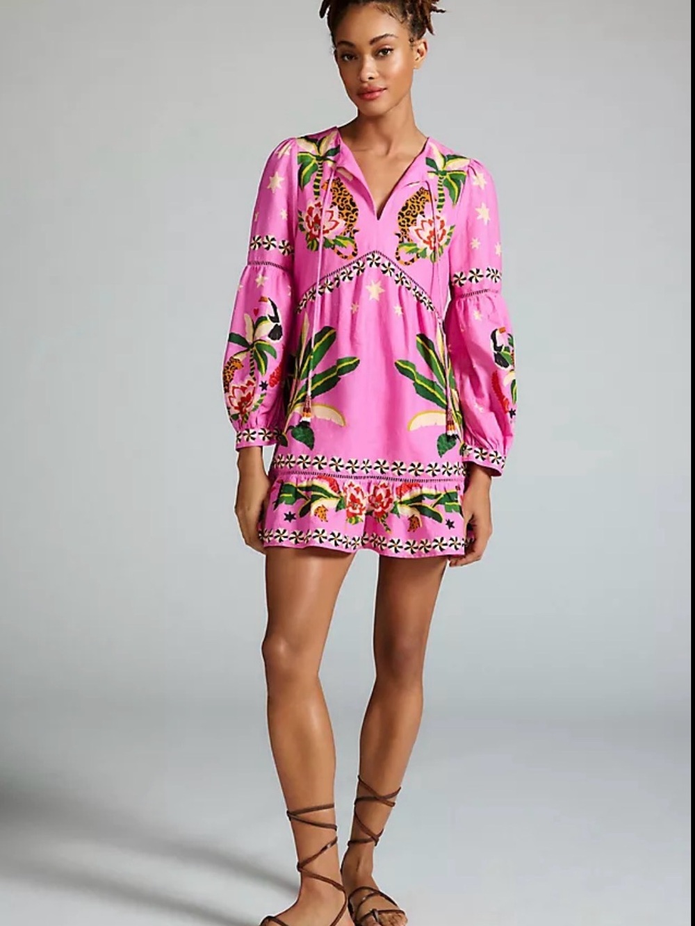 Farm Rio Leopard Forest Mini Dress Pink Linen Blend Beaded Tassels Medium M - Picture 1 of 10